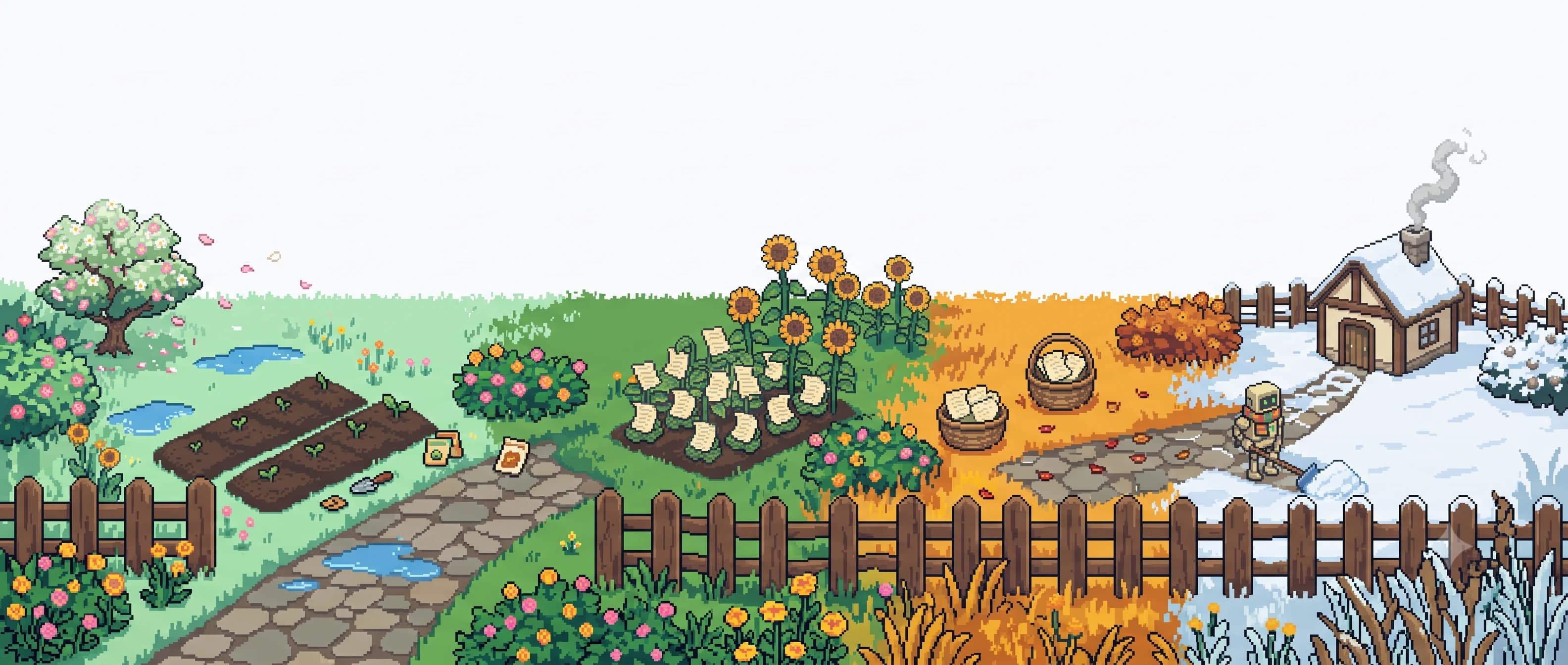 Pixel-art garden through four seasons — planting in spring, growing in summer, harvest baskets in autumn, the robot clearing snow in winter