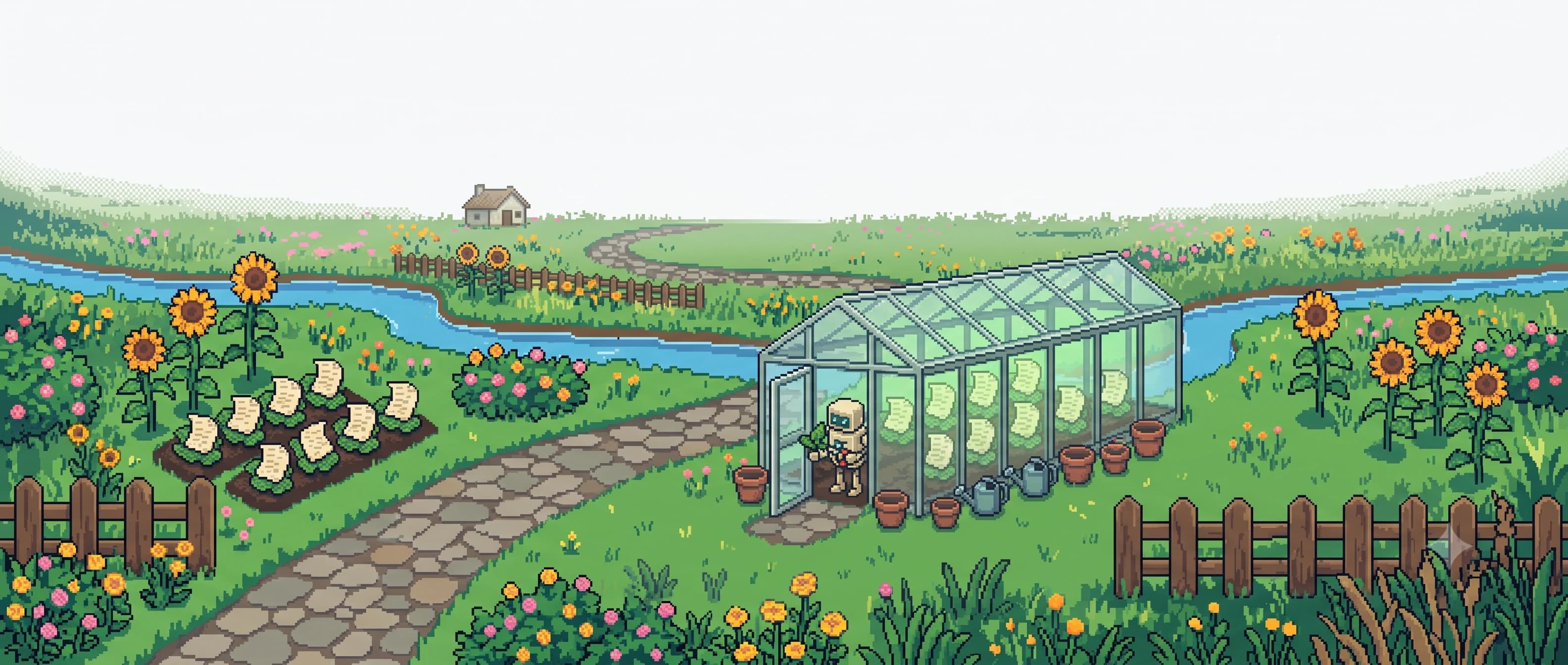 Pixel-art robot tending paper drafts growing inside a glass greenhouse
