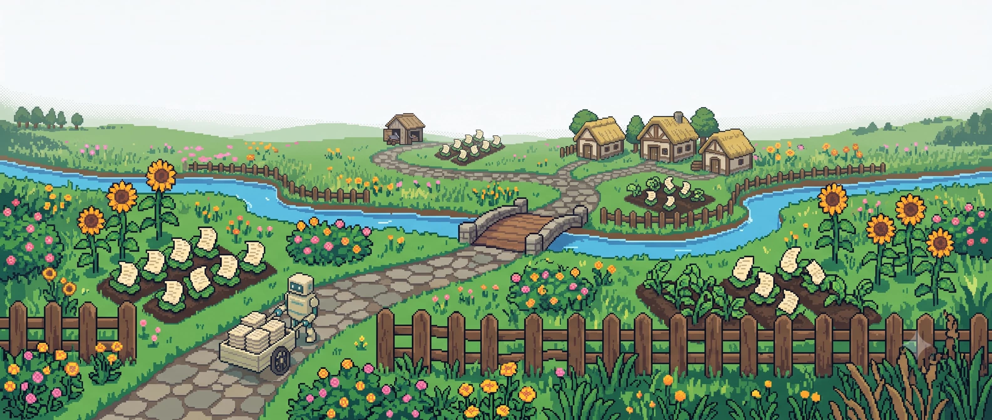 Pixel-art robot hauling a cart of fresh pages over the bridge into the village