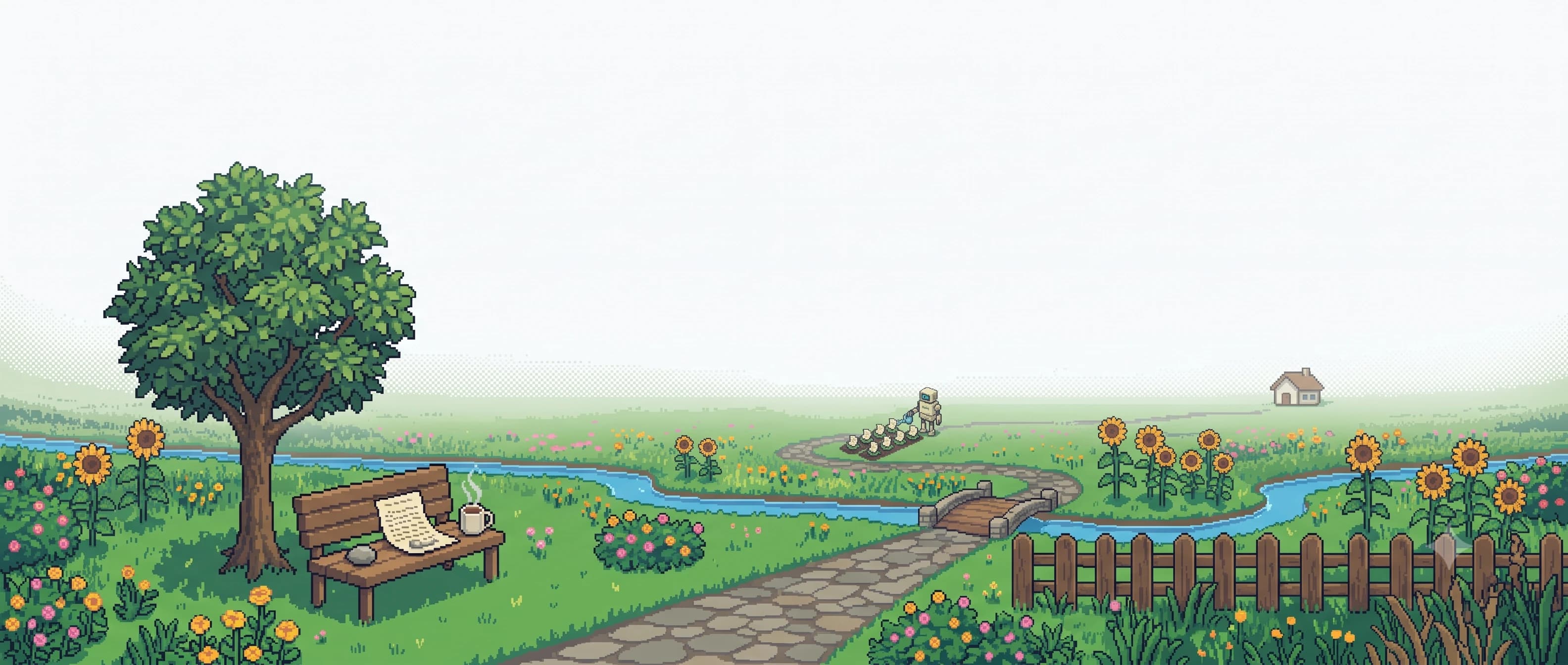 Pixel-art park bench with a written page and a hot coffee waiting to be read