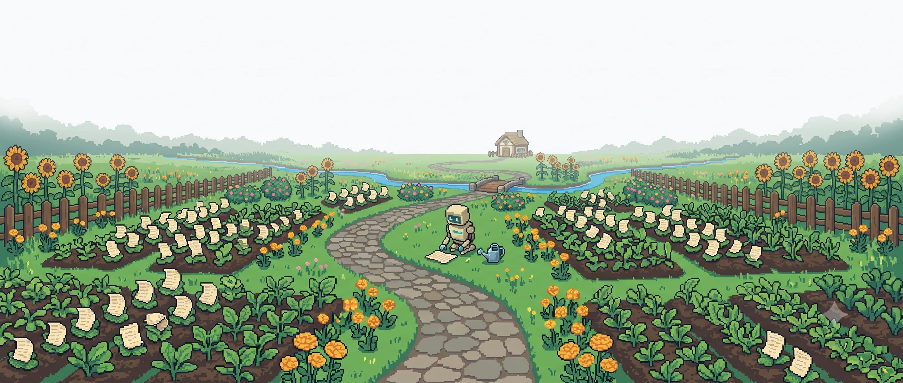 Pixel-art robot sitting in a garden of growing drafts, carefully reading a sheet of instructions