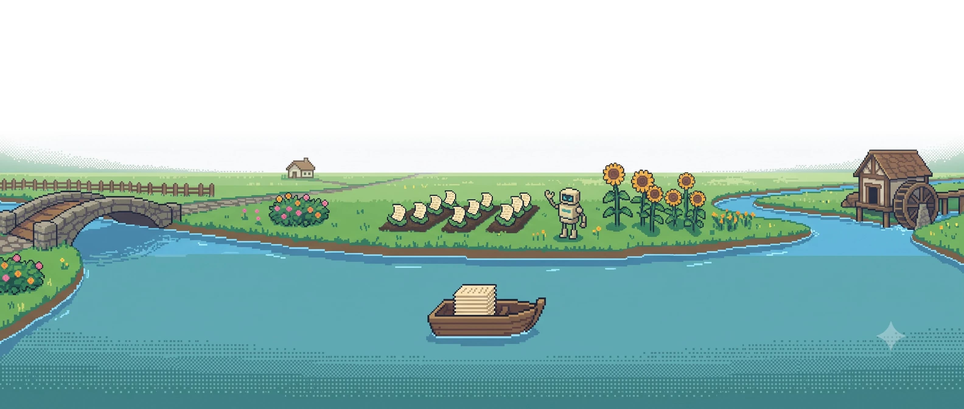 Pixel-art boat carrying a stack of pages down the river past the garden