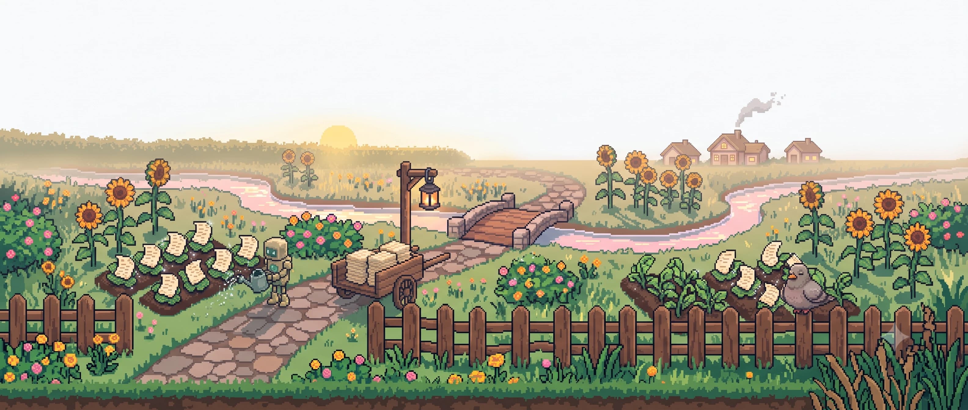 Pixel-art sunrise over the garden, the robot already watering the morning's fresh drafts
